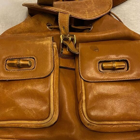 Authentic Gucci Brown Leather Bamboo Accent Mini Backpack / Large Purse *FLAWS* - Picture 2 of 12